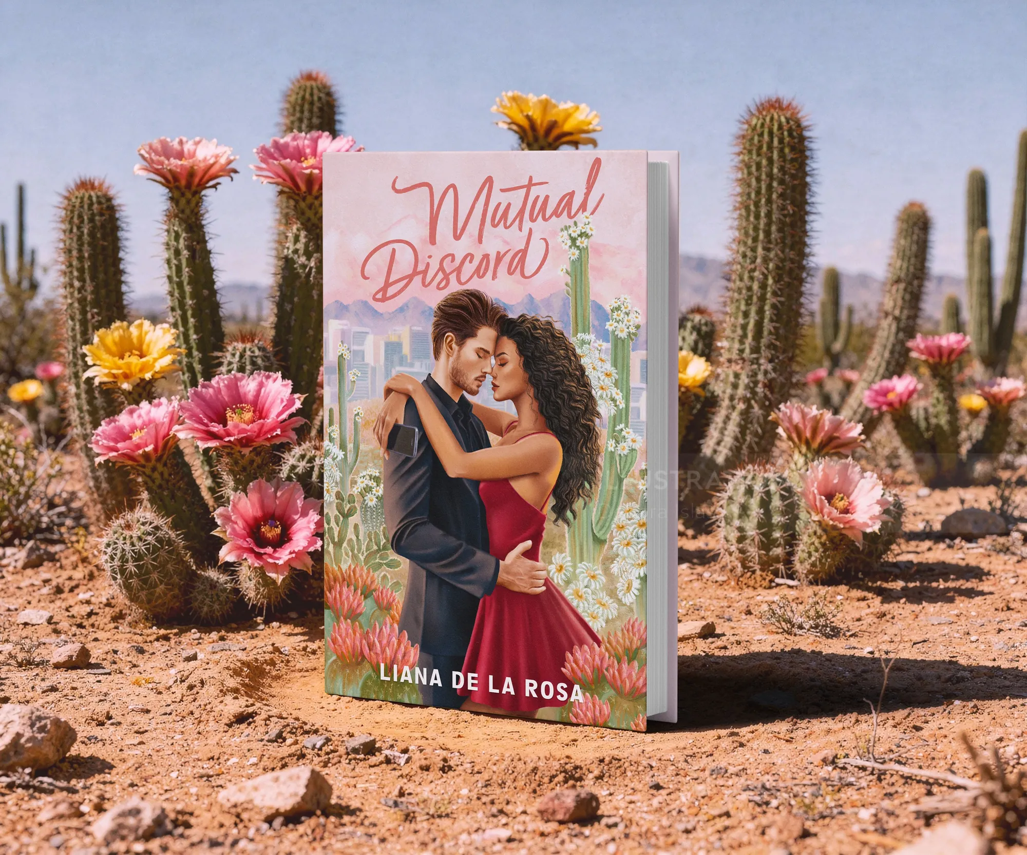 Book cover of Mutual Discord with couple embracing by cacti and flowers by Debora Islas