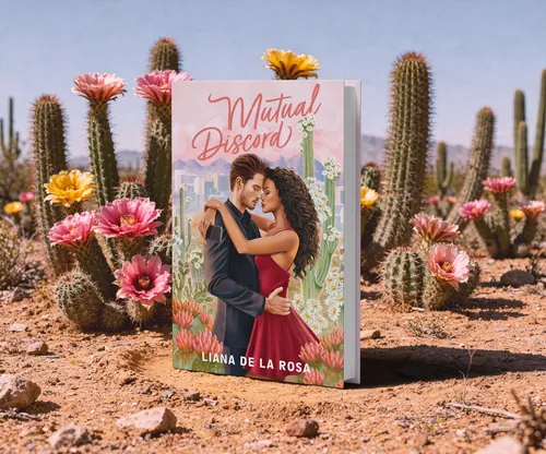 Book cover of Mutual Discord with couple embracing by cacti and flowers by Debora Islas