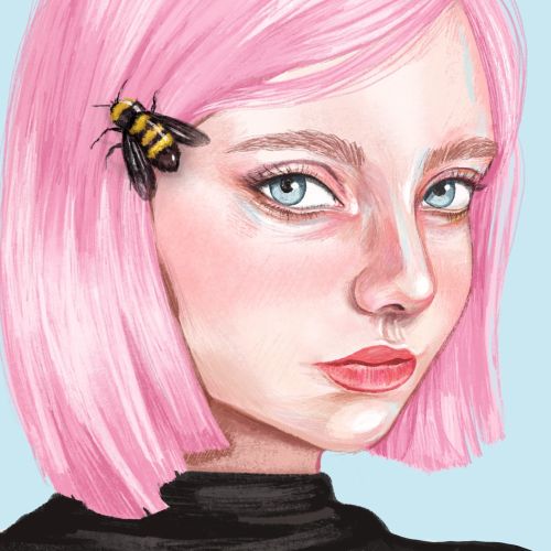 Bee and pink haired female portrait

