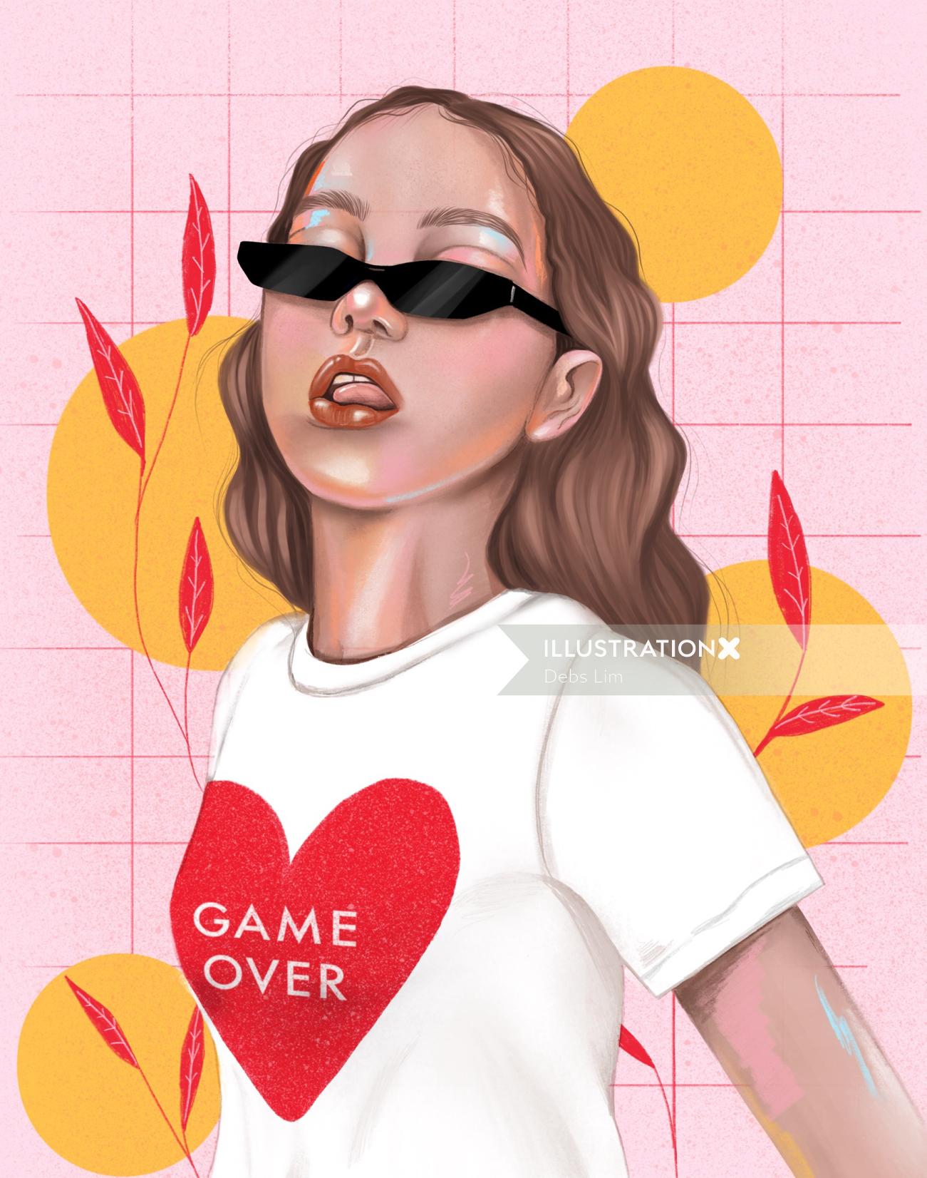 Game over t-shirt vestindo retrato de mulher