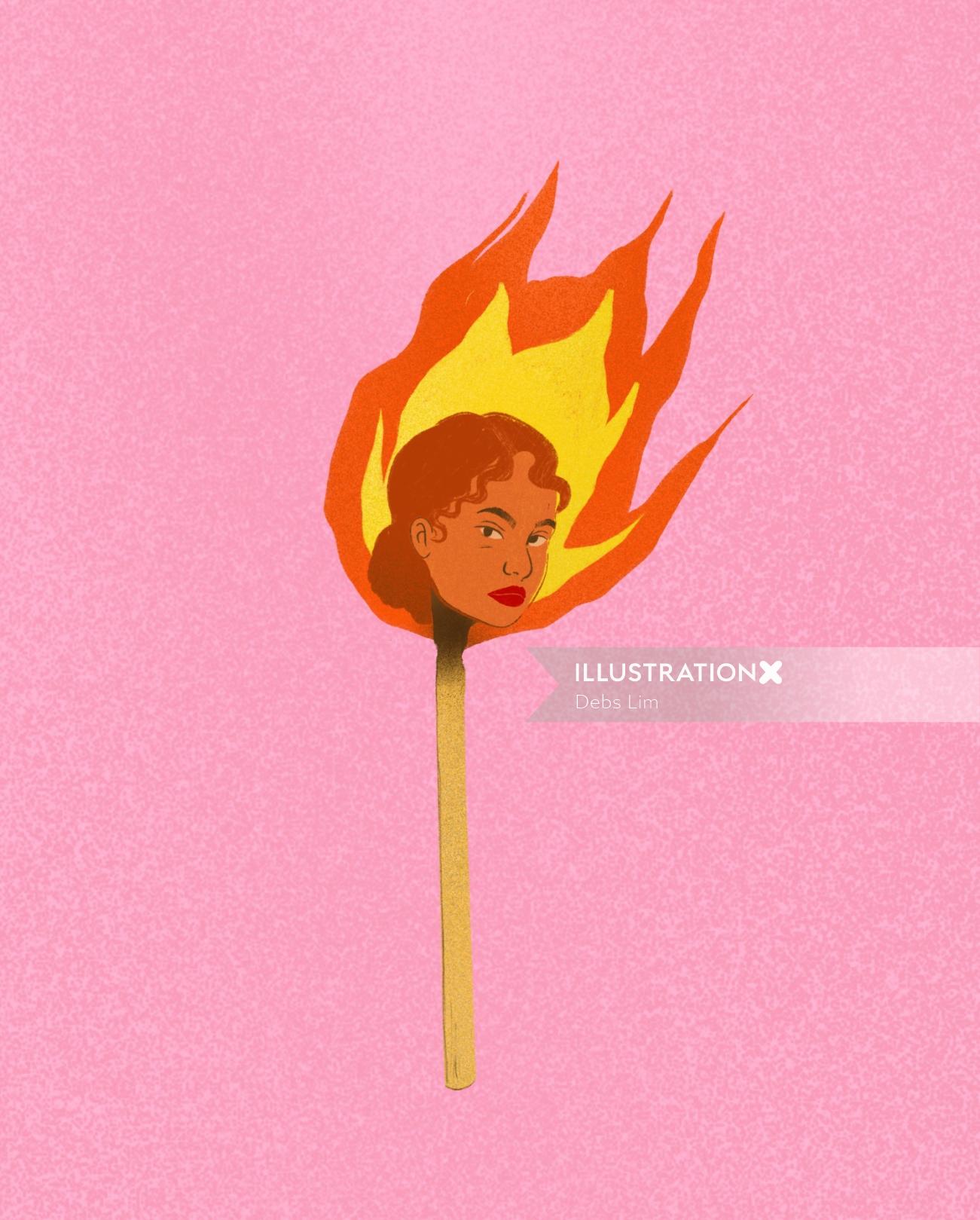 Rosto gráfico de mulher em chamas
