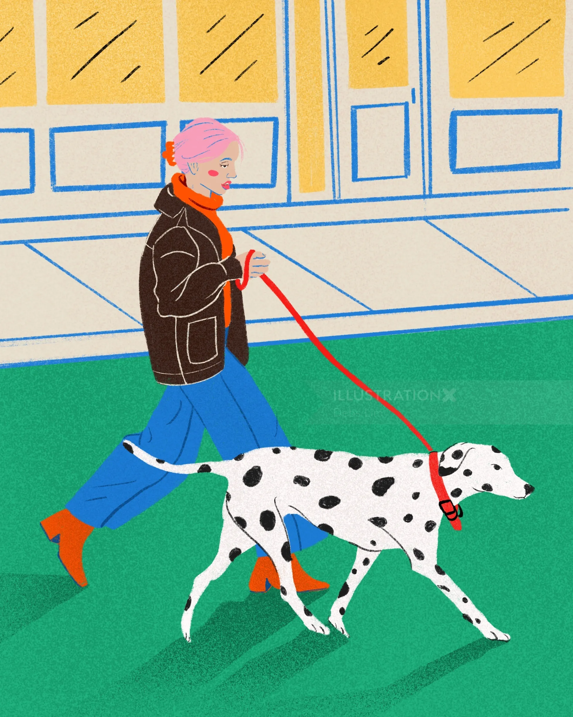 Person with pink hair walking Dalmatian dog on city street by Debs Lim