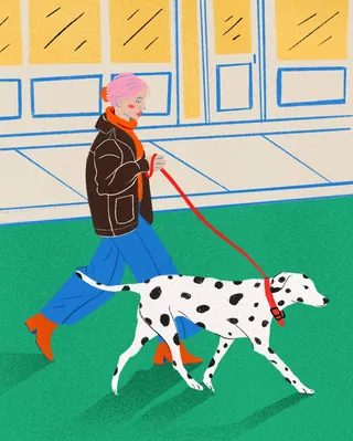 Person with pink hair walking Dalmatian dog on city street by Debs Lim
