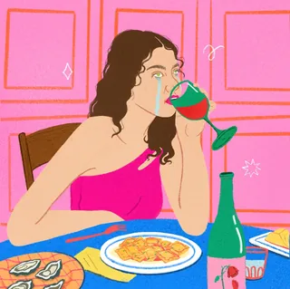 Woman with tears drinking wine at table by Debs Lim