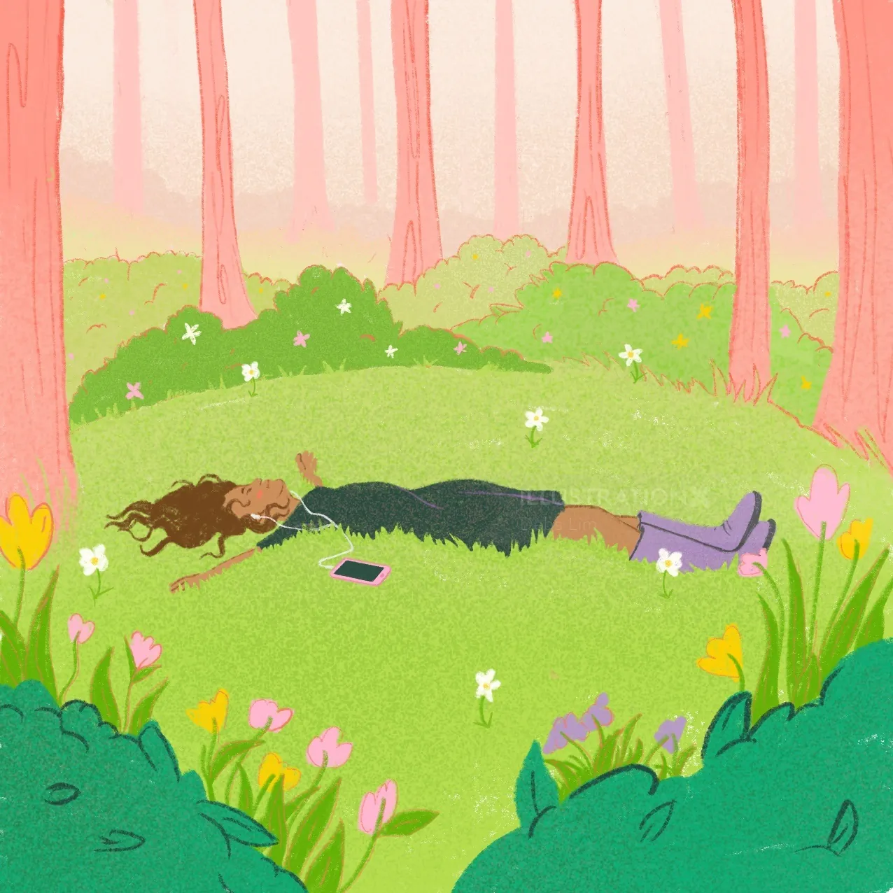 Woman lying on grass in flower-filled meadow listening to music by Debs Lim