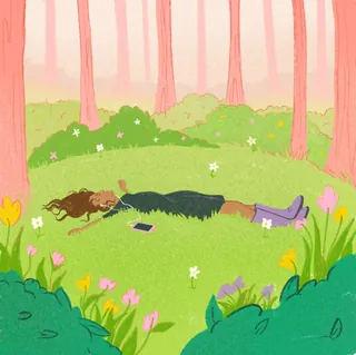 Woman lying on grass in flower-filled meadow listening to music by Debs Lim