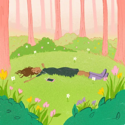 Woman lying on grass in flower-filled meadow listening to music by Debs Lim