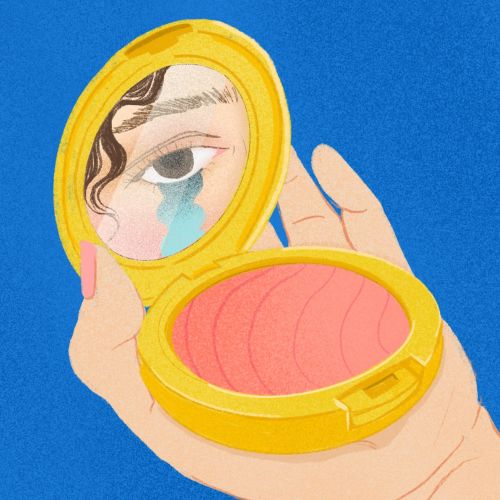 Hand holding yellow compact mirror reflecting a teary eye illustration by Debs Lim
