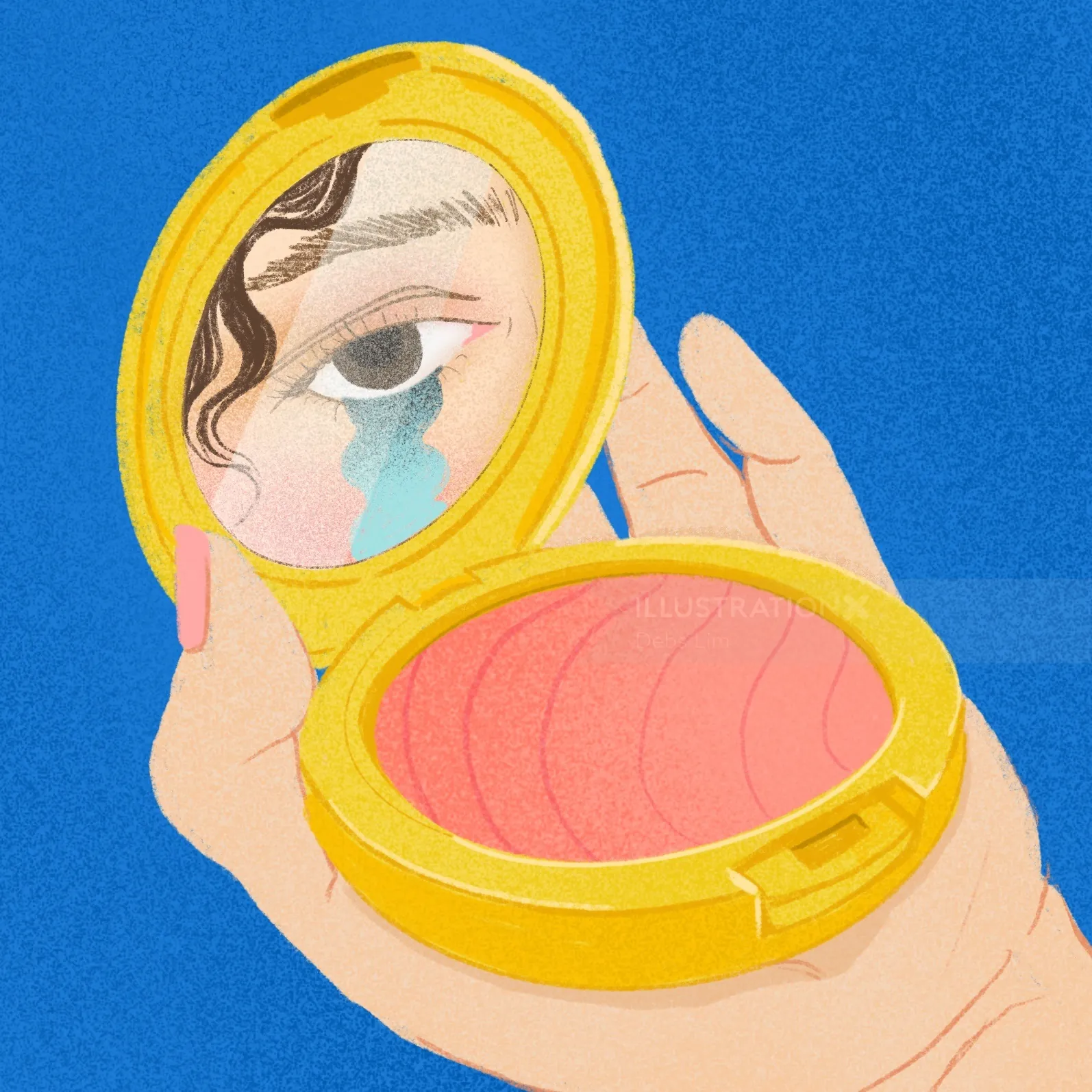Hand holding yellow compact mirror reflecting a teary eye illustration by Debs Lim