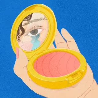 Hand holding yellow compact mirror reflecting a teary eye illustration by Debs Lim