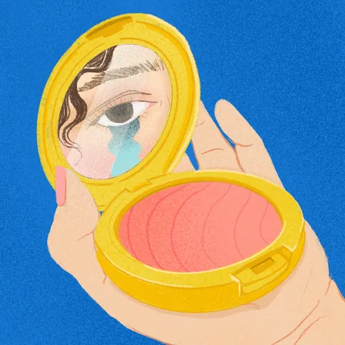Hand holding yellow compact mirror reflecting a teary eye illustration by Debs Lim