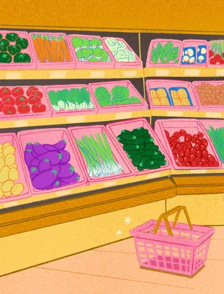 Illustration of fresh vegetables in bins at grocery store by Debs Lim