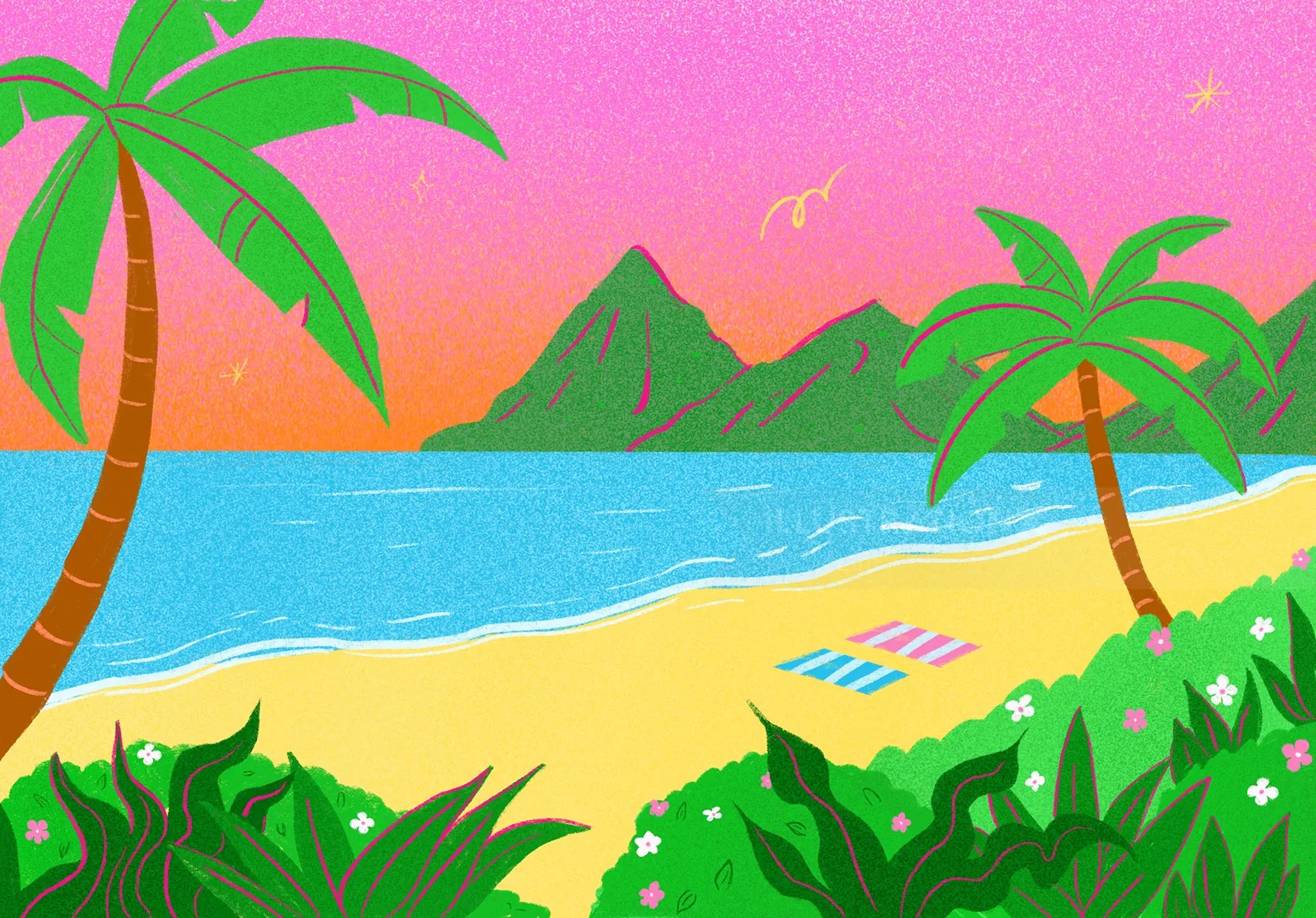 Tropical beach scene with palm trees and mountains by Debs Lim
