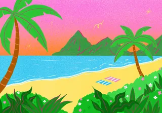 Tropical beach scene with palm trees and mountains by Debs Lim
