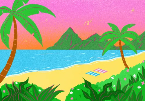Tropical beach scene with palm trees and mountains by Debs Lim