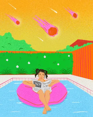 Woman reading on pink float in pool with meteors in sky by Debs Lim