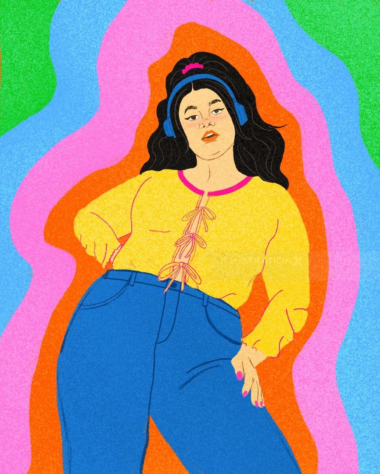 Digital artwork of a confident woman in bright clothes by Debs Lim