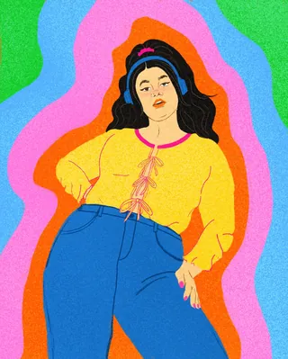 Digital artwork of a confident woman in bright clothes by Debs Lim