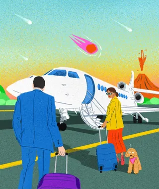 Two people with luggage and a dog boarding a private jet by Debs Lim