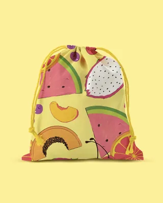 Gift bag with colorful fruit salad design by Debs Lim