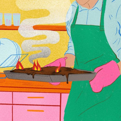 Person wearing green apron and pink gloves cooks on stove, colorful kitchen scene by Debs Lim