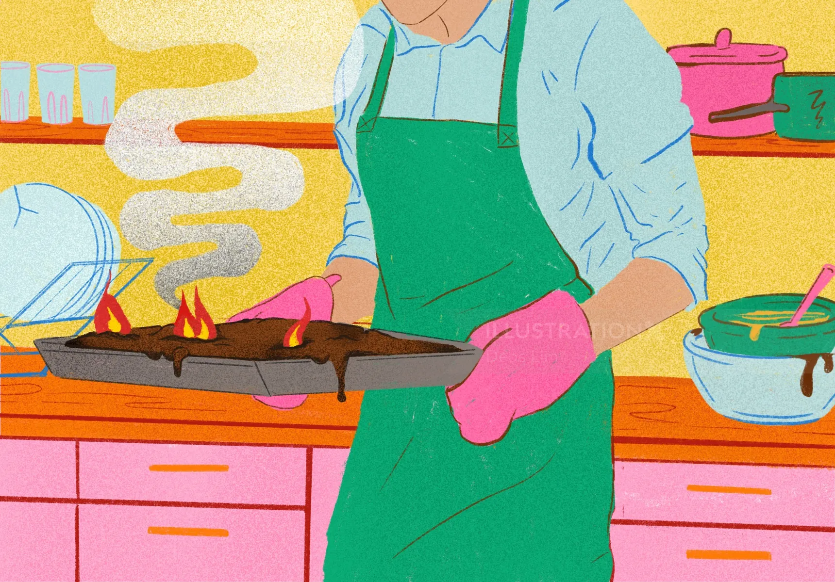 Person wearing green apron and pink gloves cooks on stove, colorful kitchen scene by Debs Lim