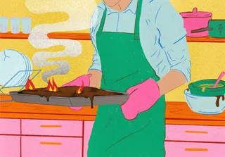 Person wearing green apron and pink gloves cooks on stove, colorful kitchen scene by Debs Lim