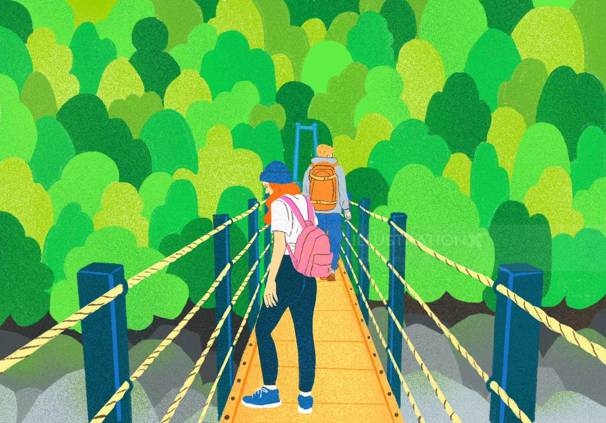 People crossing a suspension bridge surrounded by green forest by Debs Lim