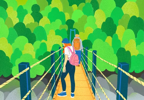People crossing a suspension bridge surrounded by green forest by Debs Lim