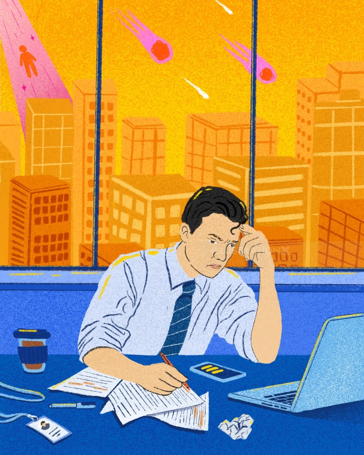 Stressed man working at desk with cityscape at sunset by Debs Lim