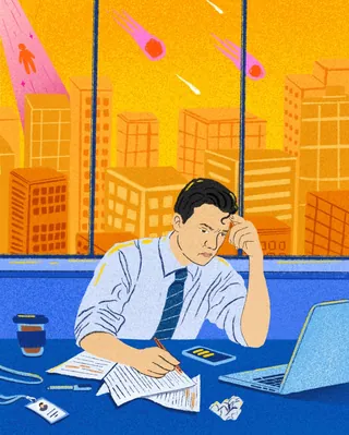 Stressed man working at desk with cityscape at sunset by Debs Lim
