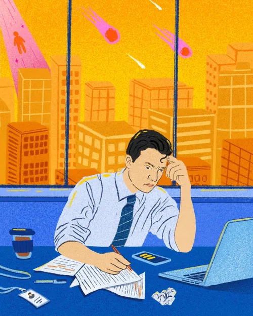 Stressed man working at desk with cityscape at sunset by Debs Lim