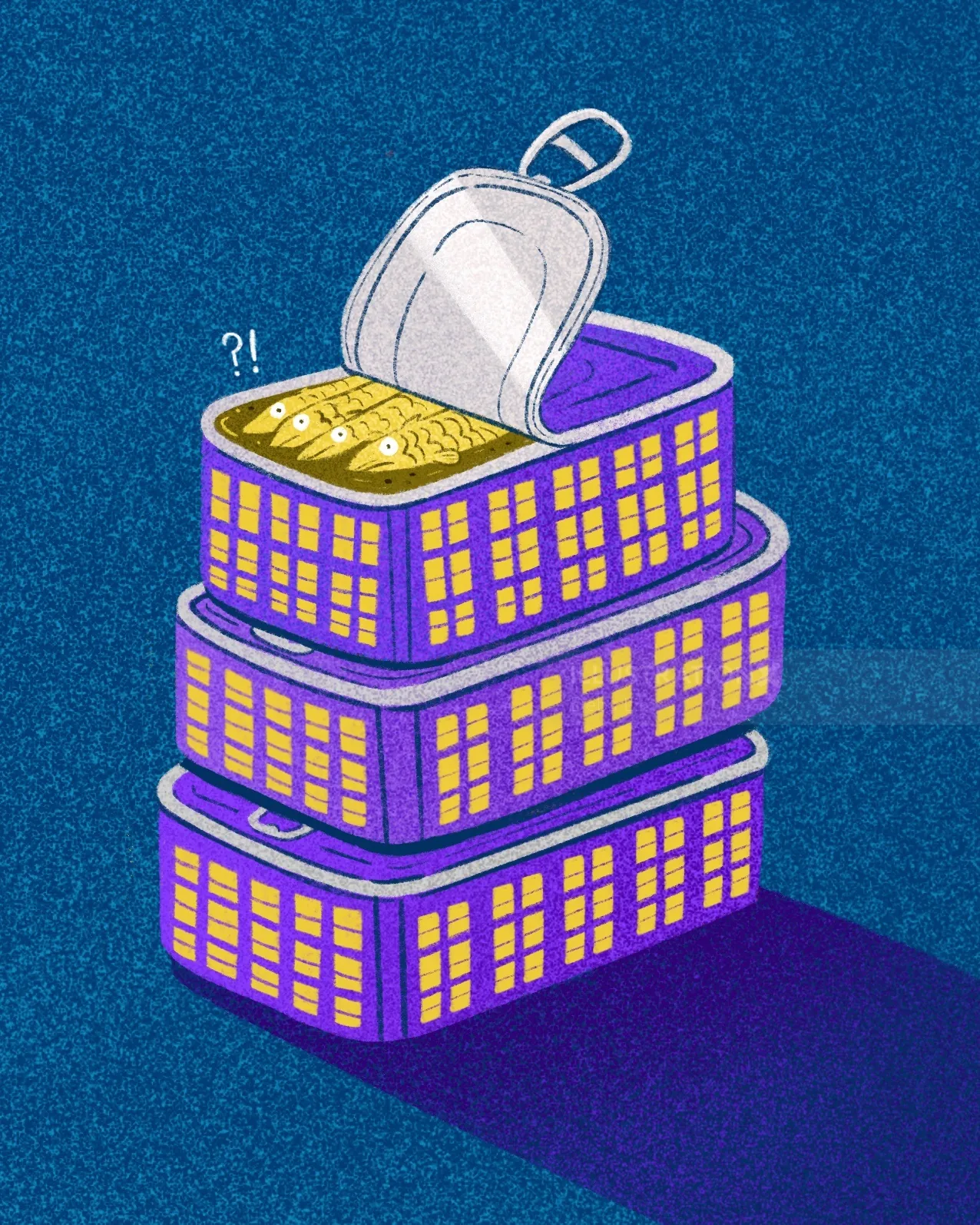 Illustration of stacked sardine tins designed as apartment buildings by Debs Lim