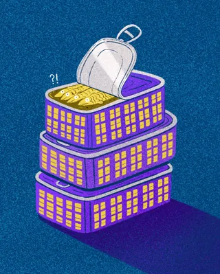 Illustration of stacked sardine tins designed as apartment buildings by Debs Lim