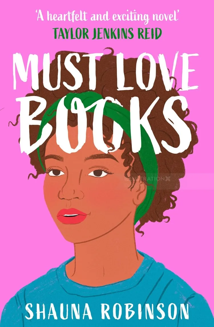 Illustrated woman with green headband on pink background by Debs Lim
