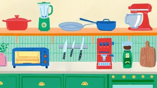 Colorful kitchen countertop with tools and appliances by Debs Lim