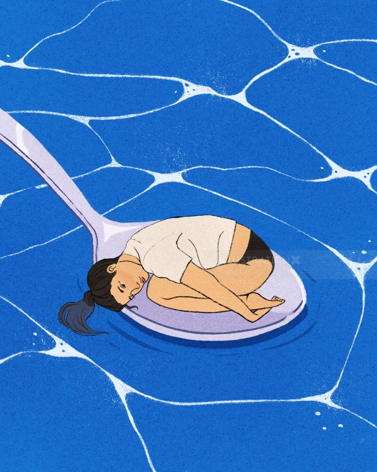 Illustration of person curled up on spoon floating in water by Debs Lim