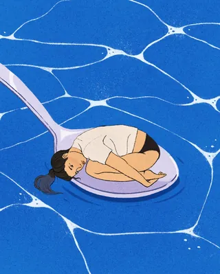 Illustration of person curled up on spoon floating in water by Debs Lim