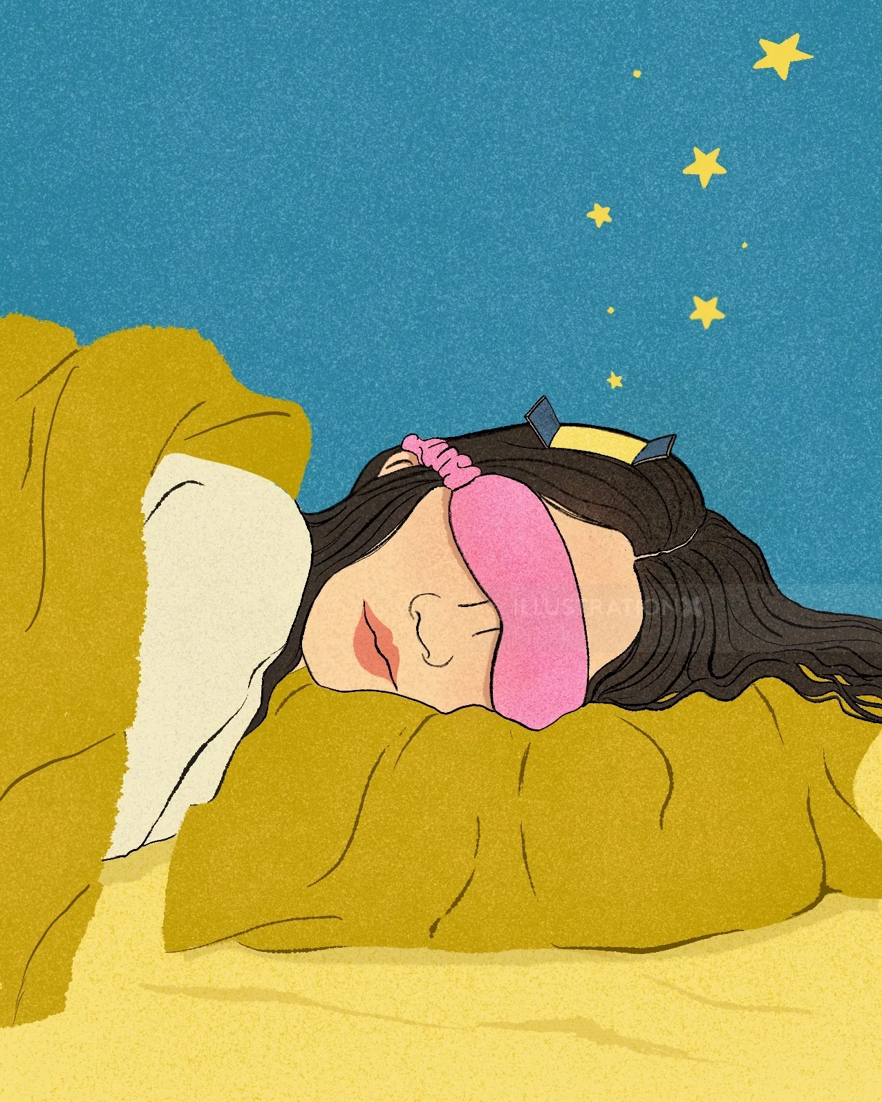 Person sleeping with pink eye mask under stars by Debs Lim