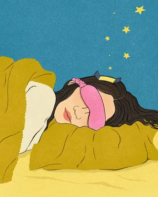 Person sleeping with pink eye mask under stars by Debs Lim