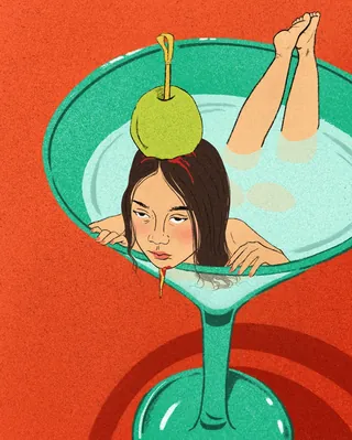 Illustration of a woman in martini glass with pear on head by Debs Lim