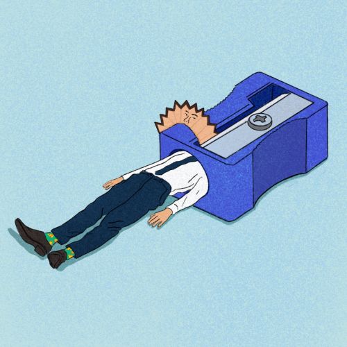 Illustration of a man being sharpened by a large pencil sharpener by Debs Lim