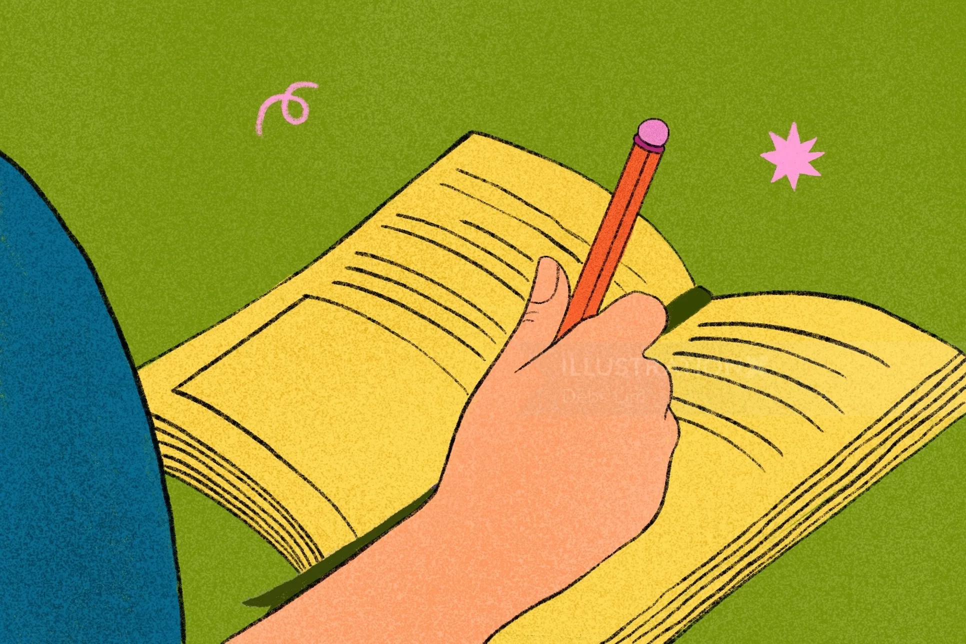 Hand holding pencil writing in an open notebook by Debs Lim