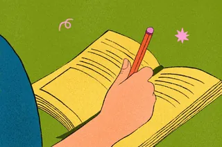 Hand holding pencil writing in an open notebook by Debs Lim