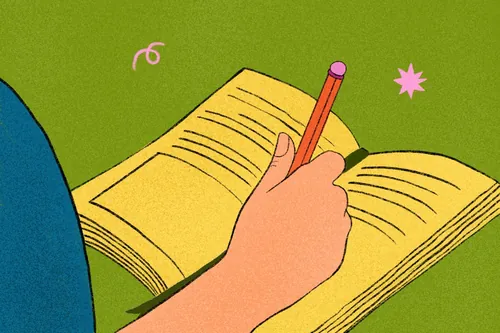 Hand holding pencil writing in an open notebook by Debs Lim