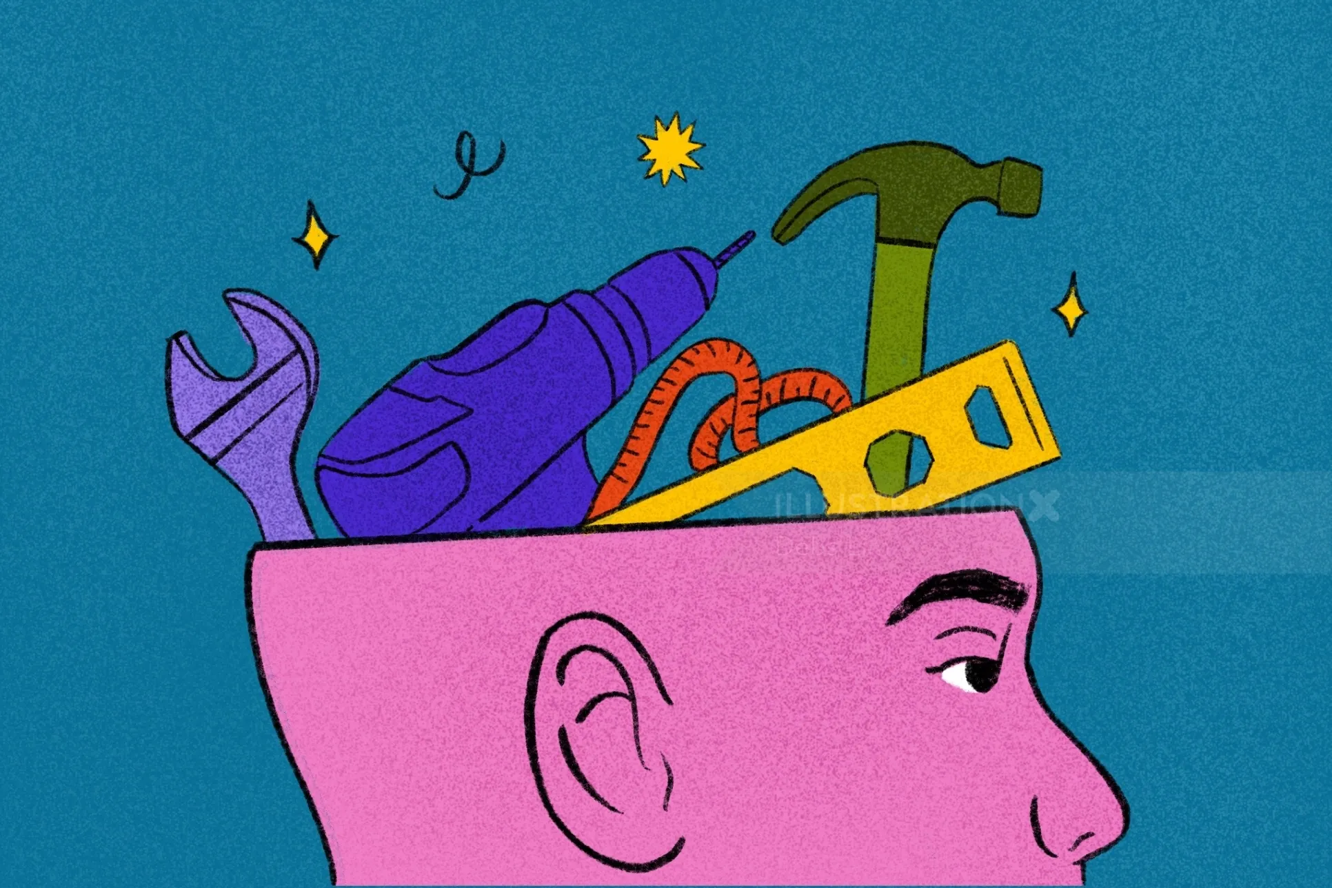 Illustration of a person's head open with tools inside by Debs Lim