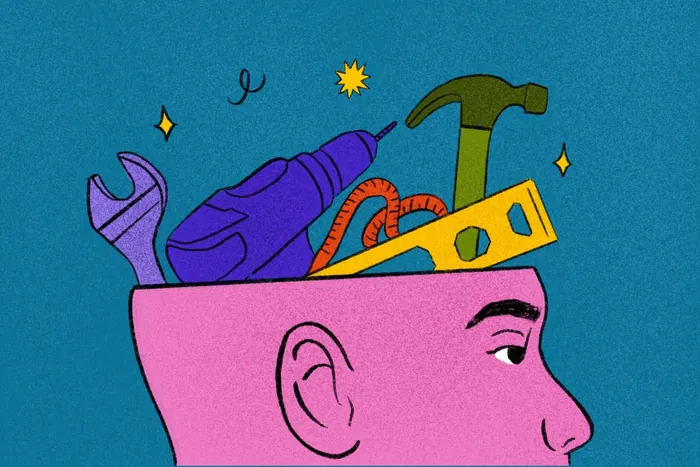 Illustration of a person's head open with tools inside by Debs Lim