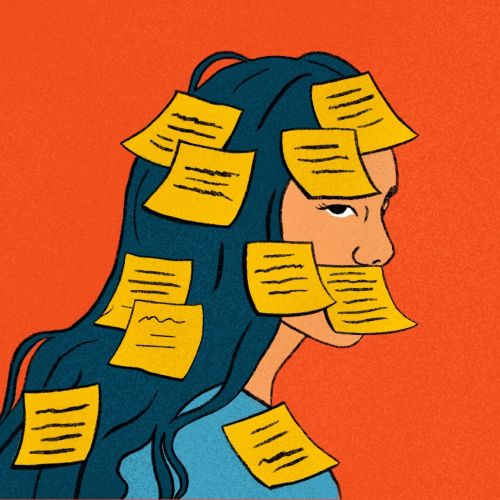 Illustration of a woman with sticky notes on her face and hair by Debs Lim