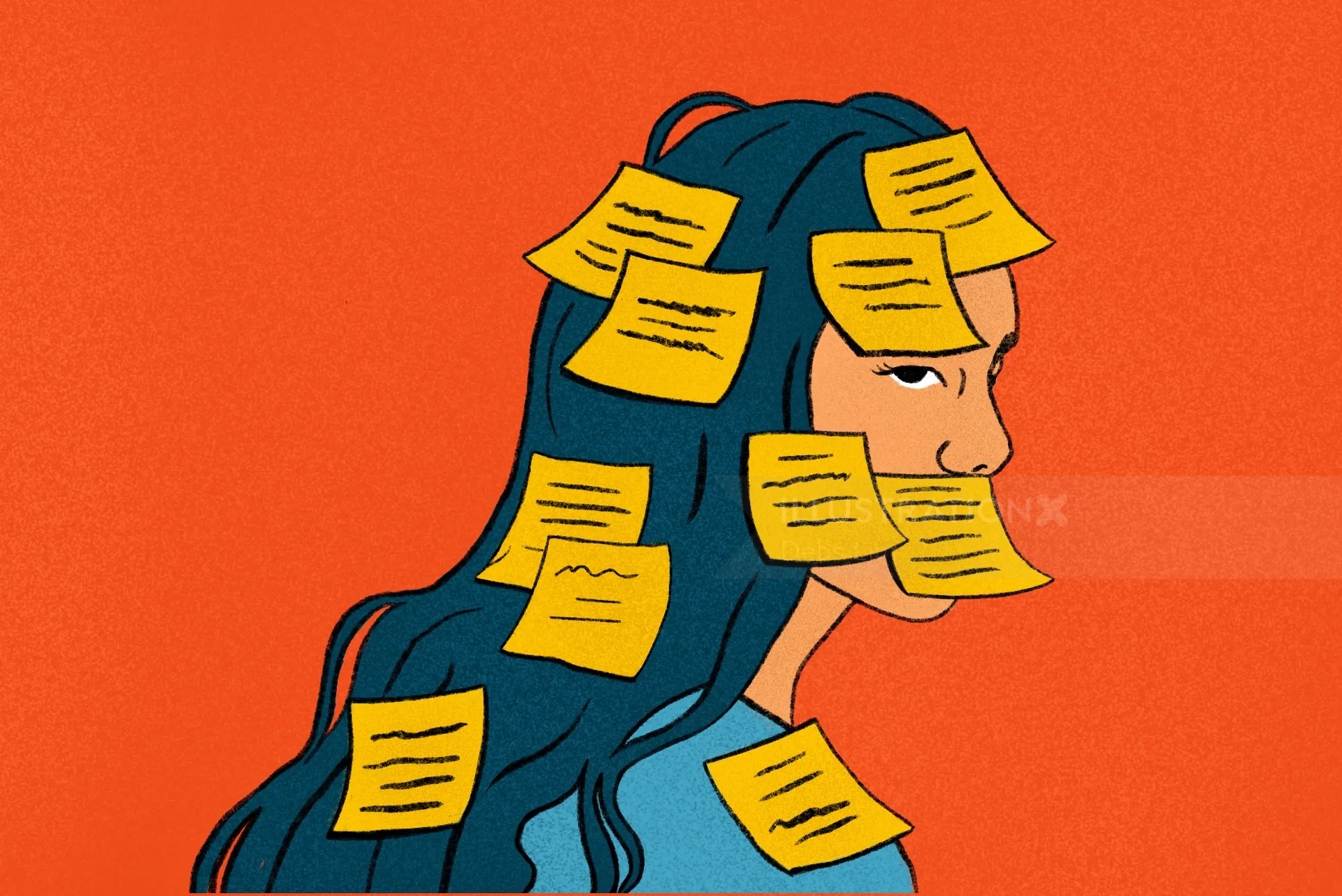 Illustration of a woman with sticky notes on her face and hair by Debs Lim