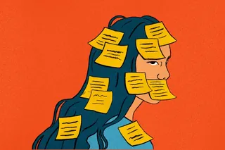 Illustration of a woman with sticky notes on her face and hair by Debs Lim